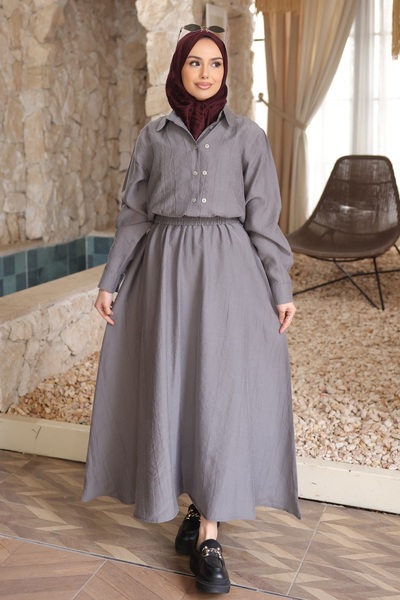İmajButik Anthracite Buttoned Shirt and Skirt Set