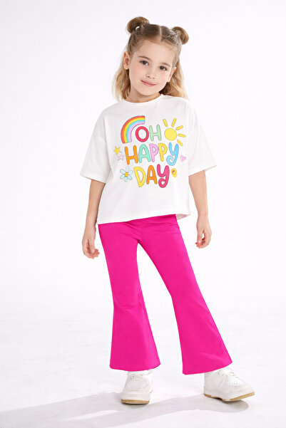 bebekpare Girl's Flared Leg Summer Suit Happy Day Printed