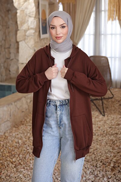 İmajButik Brown Kangaroo Pocket Three Yarn Cardigan