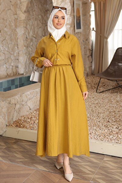 İmajButik Mustard Buttoned Shirt and Skirt Set