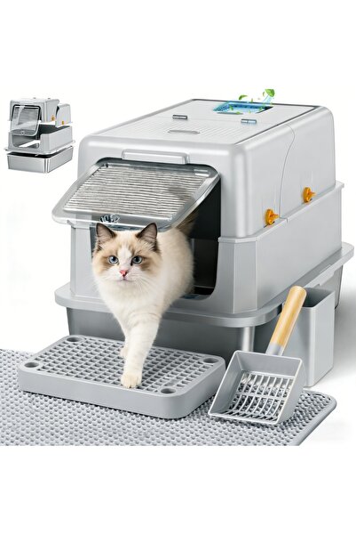 Shangxing Covered Stainless Steel Cat Litter Box, Large Anti-Odor Enclosed Tr...