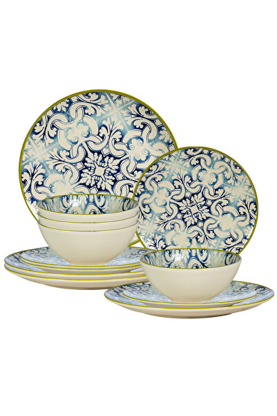 Cesiro Set of 12 Plates for 4 Persons, Stoneware, Ivory with Blue Decor