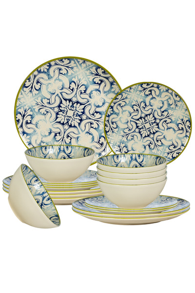 Cesiro Set of 24 Plates for 6 Persons, Stoneware, Ivory with Blue Decor