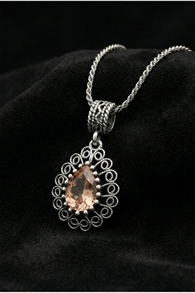 Roza Silver 925 Ayar Gümüş Zultanit Taşlı Elişi Geleneksel Damla Telkari Kolye