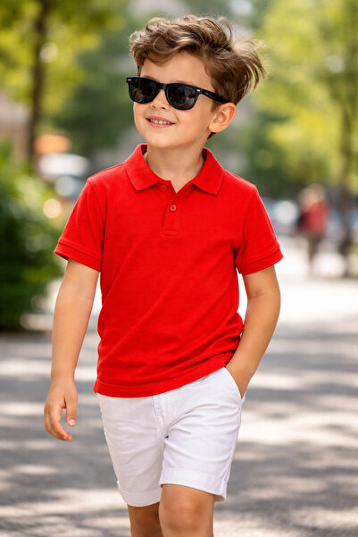 WE&ME Tricou pentru băieți, roșu, cu guler polo, cu tricou – bumbac nasturi, ...