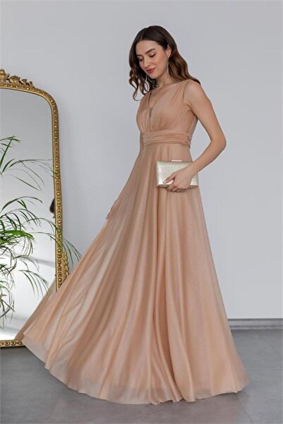 Dipmoda Women's Gold Draped Tulle Evening Dress Dp2030