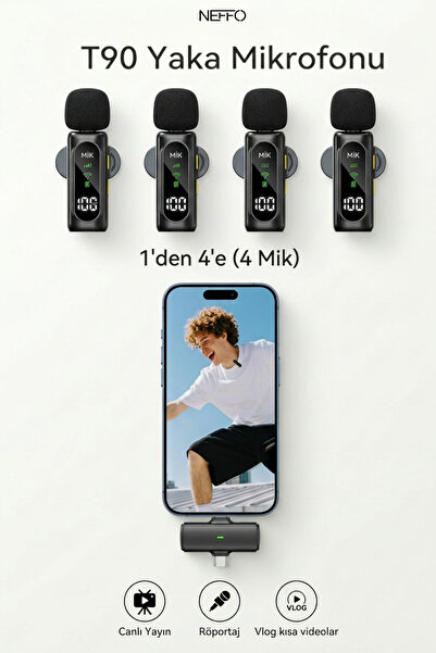 NEFFO Kablosuz 4 Adet Tüylü Yaka Mikrofonu iPhone Type-C PC Tablet Video Kayı...