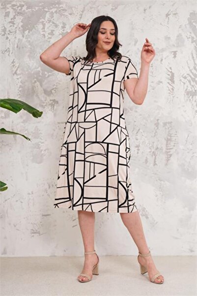 Dipmoda γυναικείο μπεζ φόρεμα Με τσέπες plus size Βισκόζη DPA003