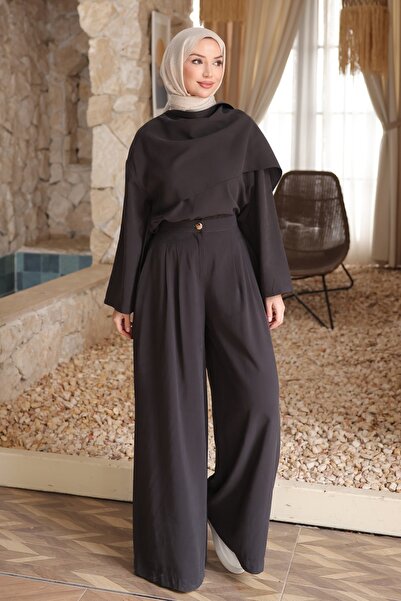 İmajButik طقم قماش مودال قطعة: سترة سوداء مع بنطلون