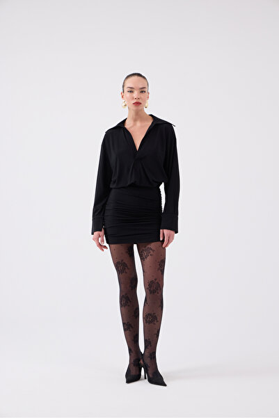 HOLLY LOLLY Skirt Ruched Detail Shirt Collar Jaida Dress Black