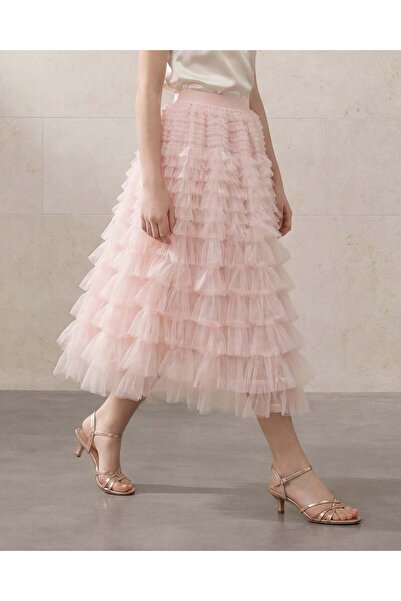 REDTAG تنورة شبكية متعددة الطبقات باللون الوردي الفاتح للبنات في المرحلة الثا...