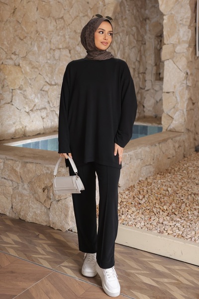 İmajButik Black Yanı Slit Tunic and Pants Set