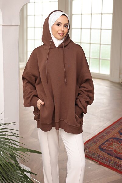 İmajButik Brown Crew Neck Stone Modal Sweatshirt