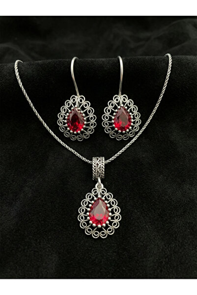 Roza Silver 925 Ayar Gümüş Lal Taşlı Elişi Geleneksel Damla Telkari Kolye- Kü...