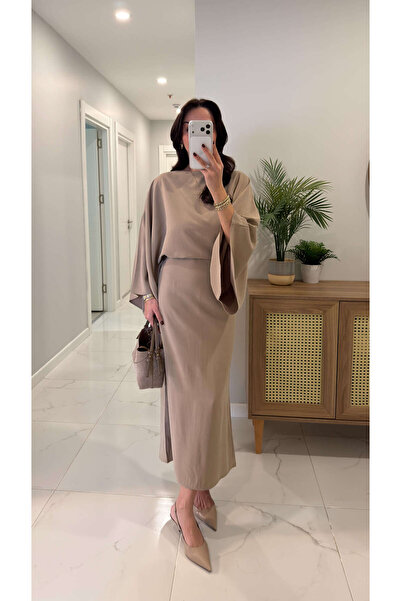 BİRCANÇİL Miccas Bej Yarasa Kol Tensel Elbise