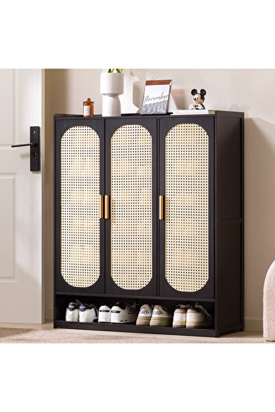 Zztcmp خزانة أحذية من بامبو بثلاثة أبواب ورف مفتوح، باب من الروطان قابل للتنف...