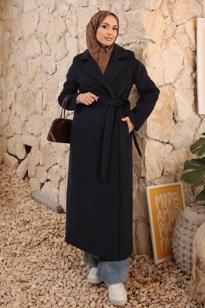 İmajButik Navy Blue Belted Long Melton Coat
