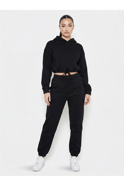 NEW JOURNAL Γυναικείο Μαύρο Σετ Φόρμας με κουκούλα με Ελαστική Μέση και επένδ...