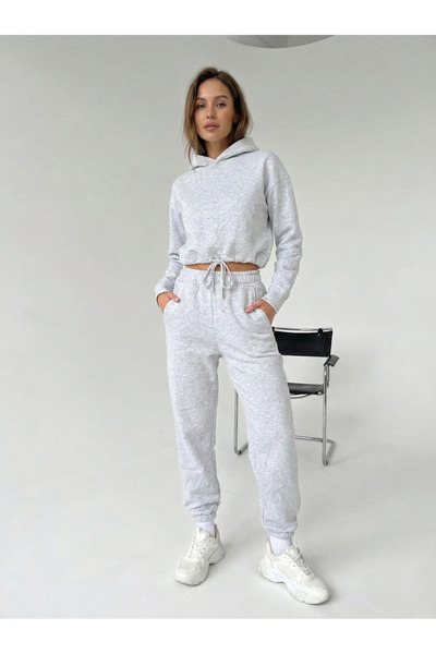 NEW JOURNAL Women's Gray Hooded Elastic Waist Brushed Inside Bottom-Top Track...