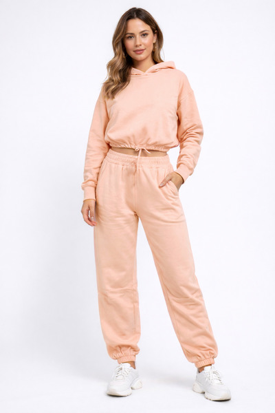 NEW JOURNAL طقم بدلة رياضية نسائية سالمون بغطاء رأس بخصر مطاطي مبطن بالصوف سف...