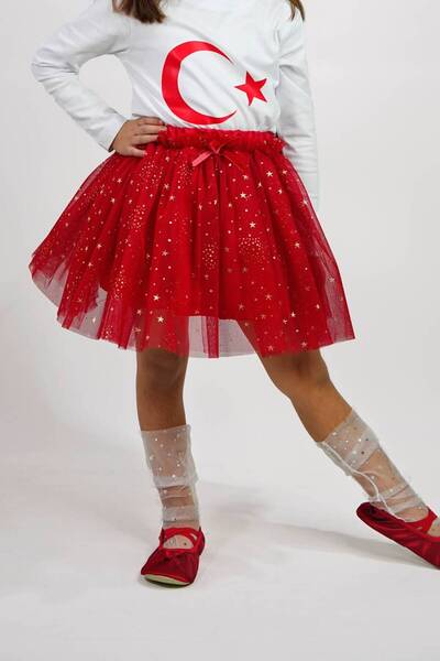 DUCA KIDS Kırmızı Altın Varak Yıldız Baskılı Kız Çocuk Tütü Etek | 23 Nisan |...