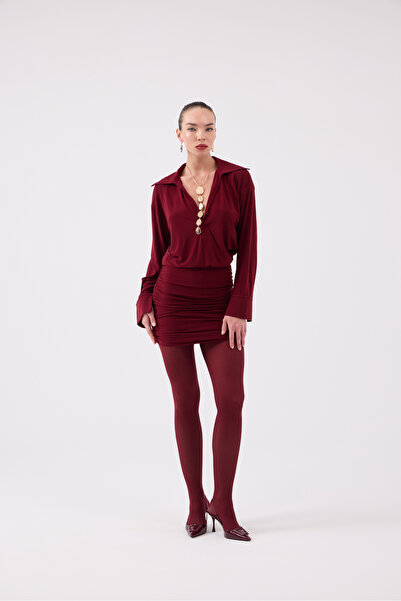 HOLLY LOLLY Skirt Ruched Detail Shirt Collar Jaida Dress Burgundy