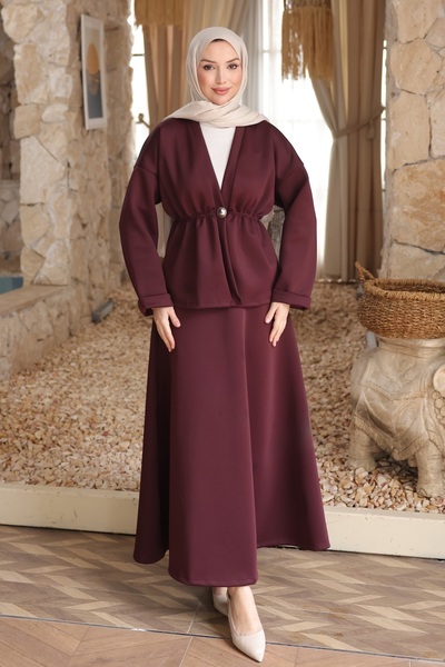 İmajButik Bordo Düğmeli Lastikli Ceket Etekli Takım