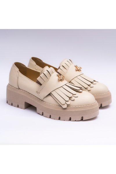 VAGAM Pantofi Dama din Piele Naturala Loafers Crem