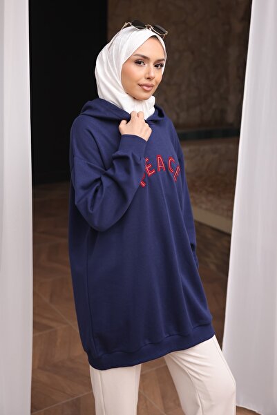 İmajButik Navy Blue Embroidered Hooded Tunic Sweatshirt