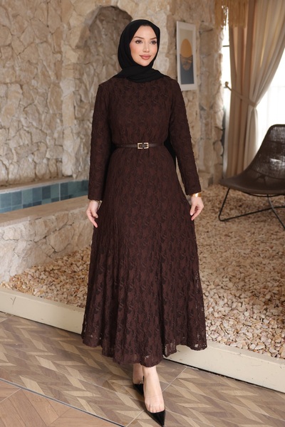 İmajButik Brown Belt Piece Lace Piece Lined Dress