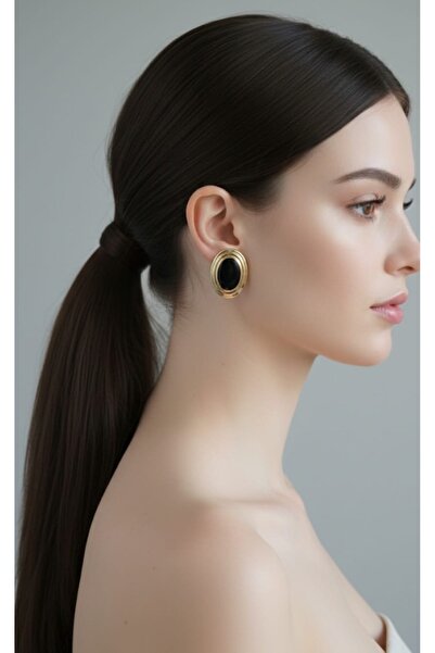 Açıkmeşe Ev Yaşam Ürünleri Vintage Gold Oval Siyah Taşlı Küpe - Retro Şıklık