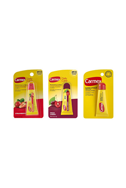 Carmex Lip Balm (Çilek, Vişne, Classic) Dudak Kremi 3 Adet 0.35Oz / 10gr
