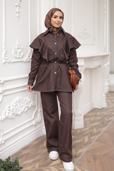 İmajButik Καφέ Με βολάν Τζιν Σετ με Παντελόνι Τουνίκ