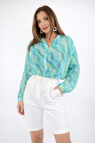 ETİKAFASHION Kadın Turkuaz Dalga Desenli Şifon Gömlek Uzun Kollu Oversize Bluz