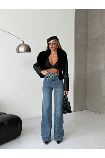 HerTon Γυναικείο ασύμμετρο τζιν παντελόνι με φαρδιά μπατζάκια και λεπτομέρεια...