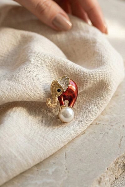 Glaren İnci Detaylı Turuncu Fil Kadın Broş