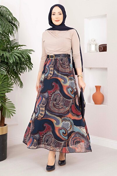 UMS Authentic Pattern Belt Piece Chiffon Skirt Navy Blue