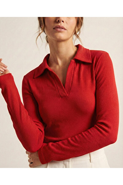 NEW JOURNAL Women's Red Polo Collar Short Blouse Nj114