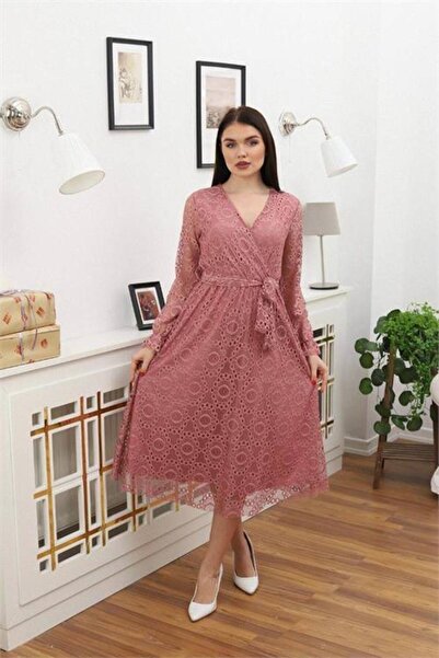 Dipmoda فستان نسائي بتفاصيل مربوطة دانتيل RSSN619 - وردي باهت