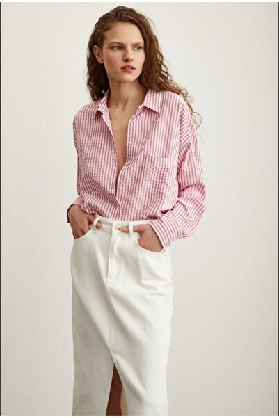 PAZEN MODA PEMBE BEYAZ ÇİZGİLİ MÜSLİN PAMUK GÖMLEK
