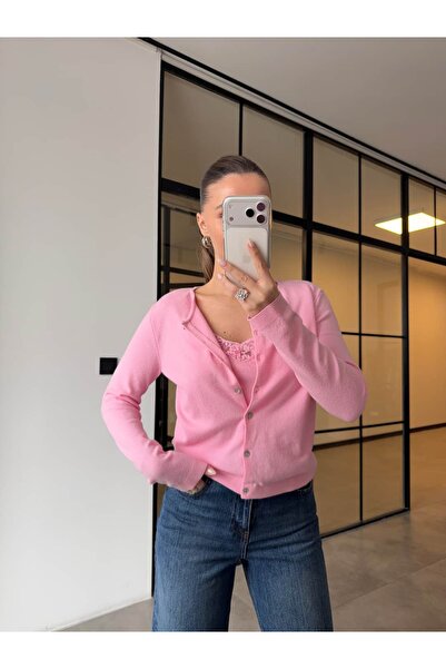 BB Bensu Buyruk SET CARDIGAN CU INTERIOR dantelă PUCĂTINĂ ROZ