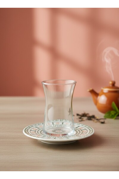 KÜTAHYA HOME Blue Romance 6’lı Çay Seti – Desenli Porselen Çay Tabağı ve Cam ...