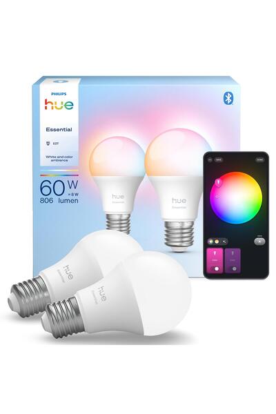 Philips Hue Essential 8W E27 806 Lumen Renkli Akıllı Ampul A60 (2'li Ekopaket)