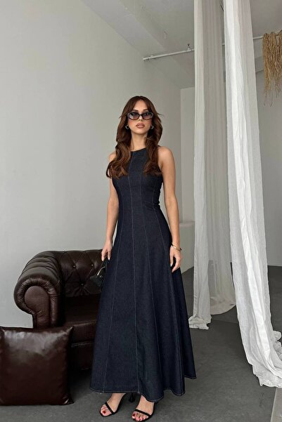 D'RECCY KADIN BELDEN OTURAN UZUN KALIN ASKILI JEAN KOT ELBİSE