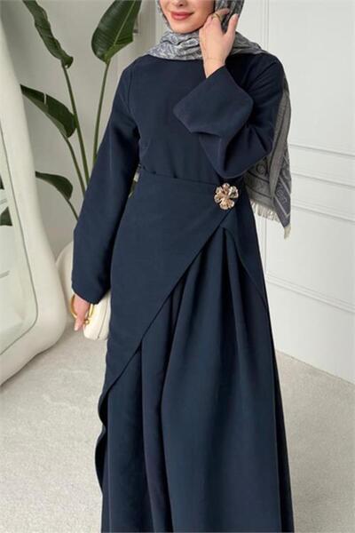 Dipmoda Women's Navy Blue Brooch Detailed Draped Full-Length Hijab Dress