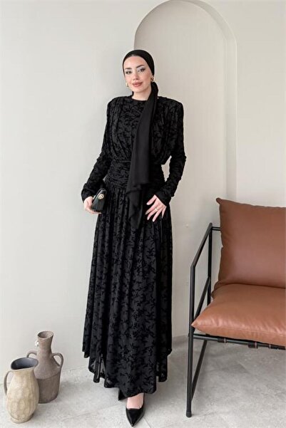 Dipmoda Women's Black Waist Draped Full-Length Flock Print Hijab Dress