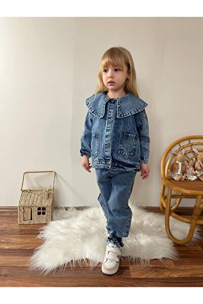 WİKİBOOM Girl's Lapel Detailed Denim Jacket - Denim Trousers - Badi 3 Piece S...