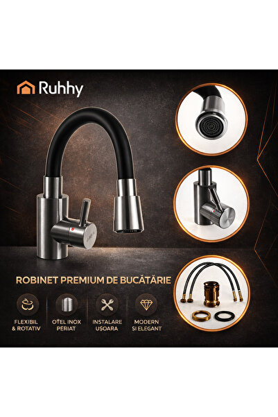 Ruhhy Baterie de bucătărie NewTech, flexibilă la 360°, aerator, negru/arginti...