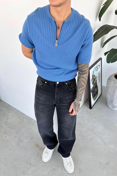 HAFKAGİYİM Plava majica sa poluzatvaračem od premium pletiva