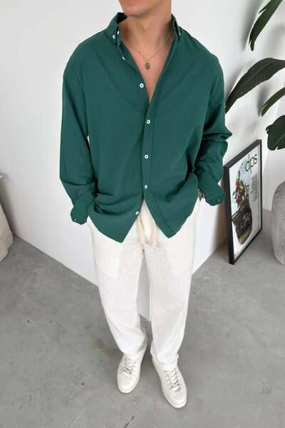 HAFKAGİYİM Tamno zelena Oversize kroj sveža Lan majica